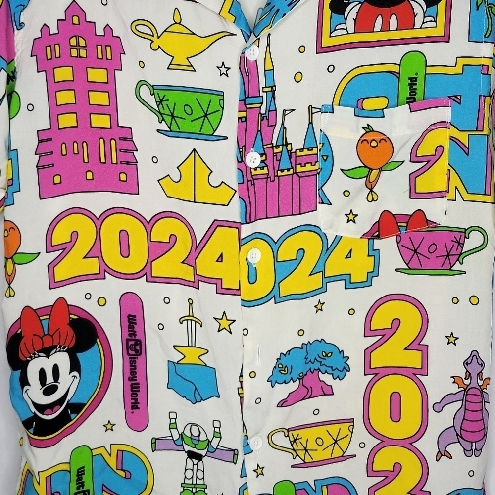 Disney Parks 4 Parks Figment Mickey Icons 2024 Button Down Shirt Neon - Picture 4 of 4